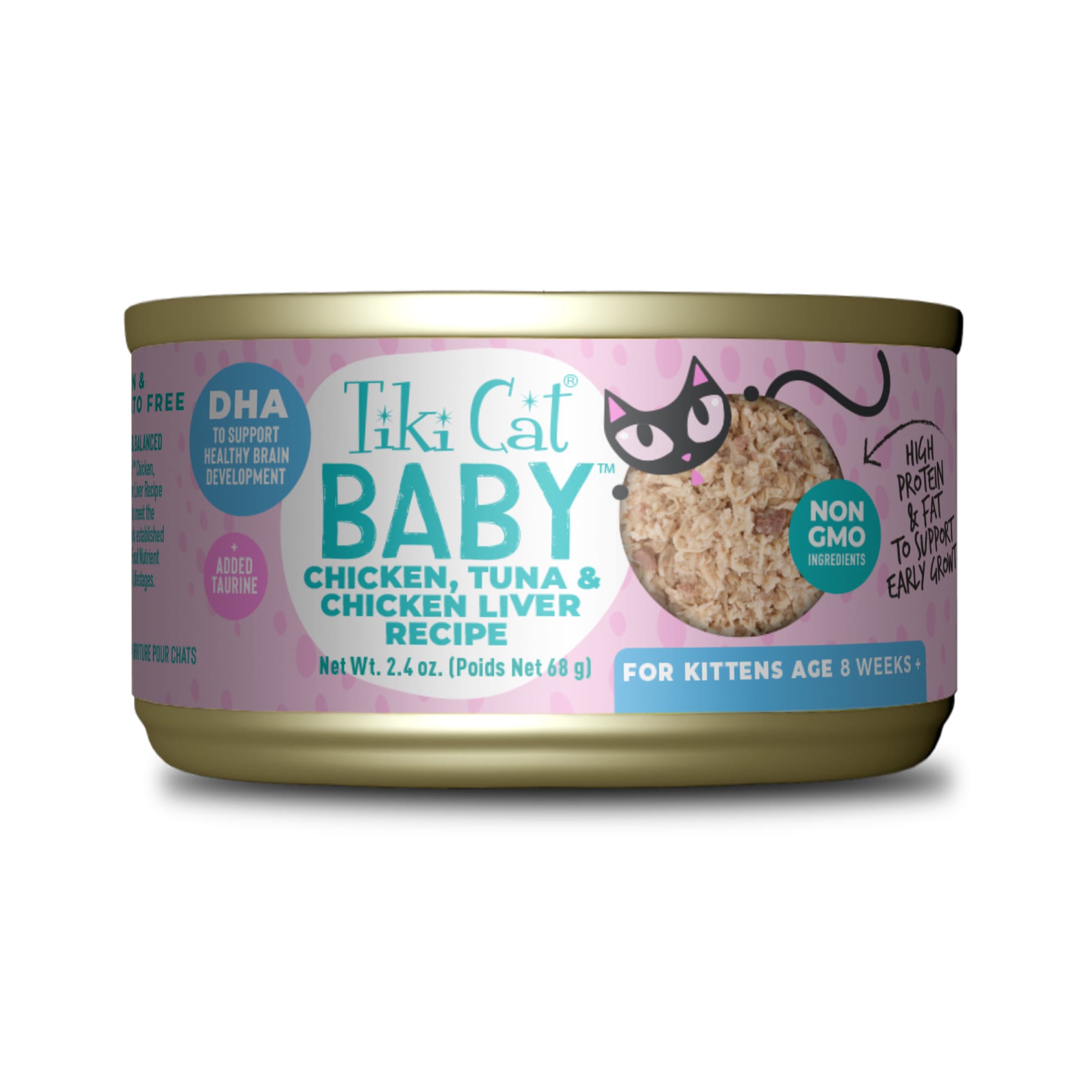 Tiki Cat Baby Chicken， Tuna，  Chicken Liver Wet Recipe for Cats， 2.4 oz.， Case of 12