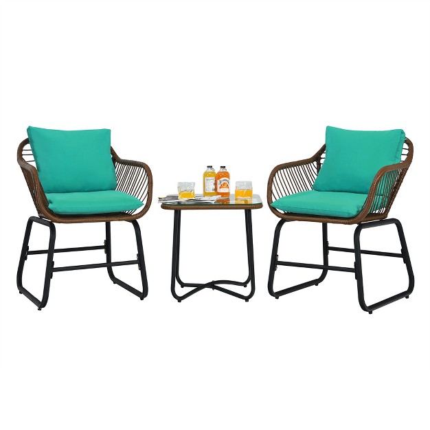 Costway 3pcs Patio Rattan Bistro Set Cushioned Chair Glass Table Deck White turquoise