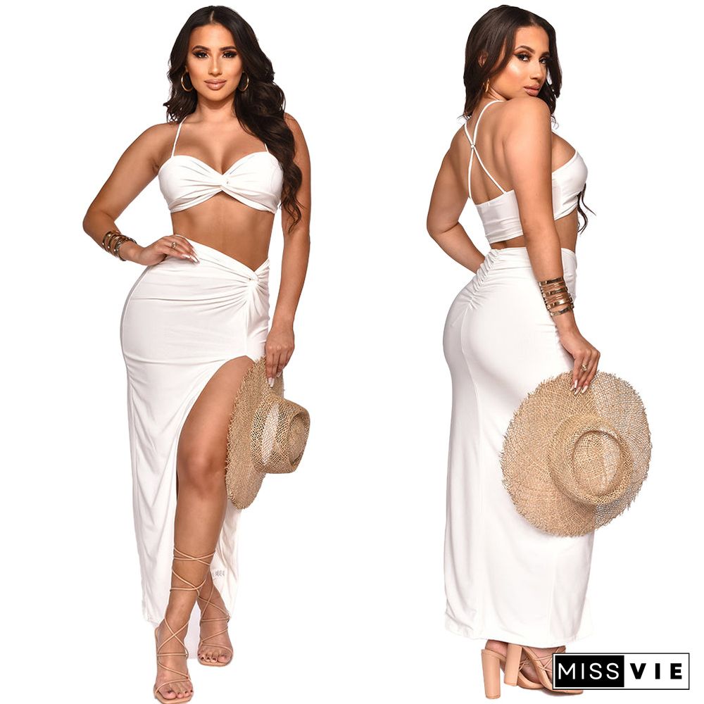 Camisole Crop Top Ruched High Split Skirt Set