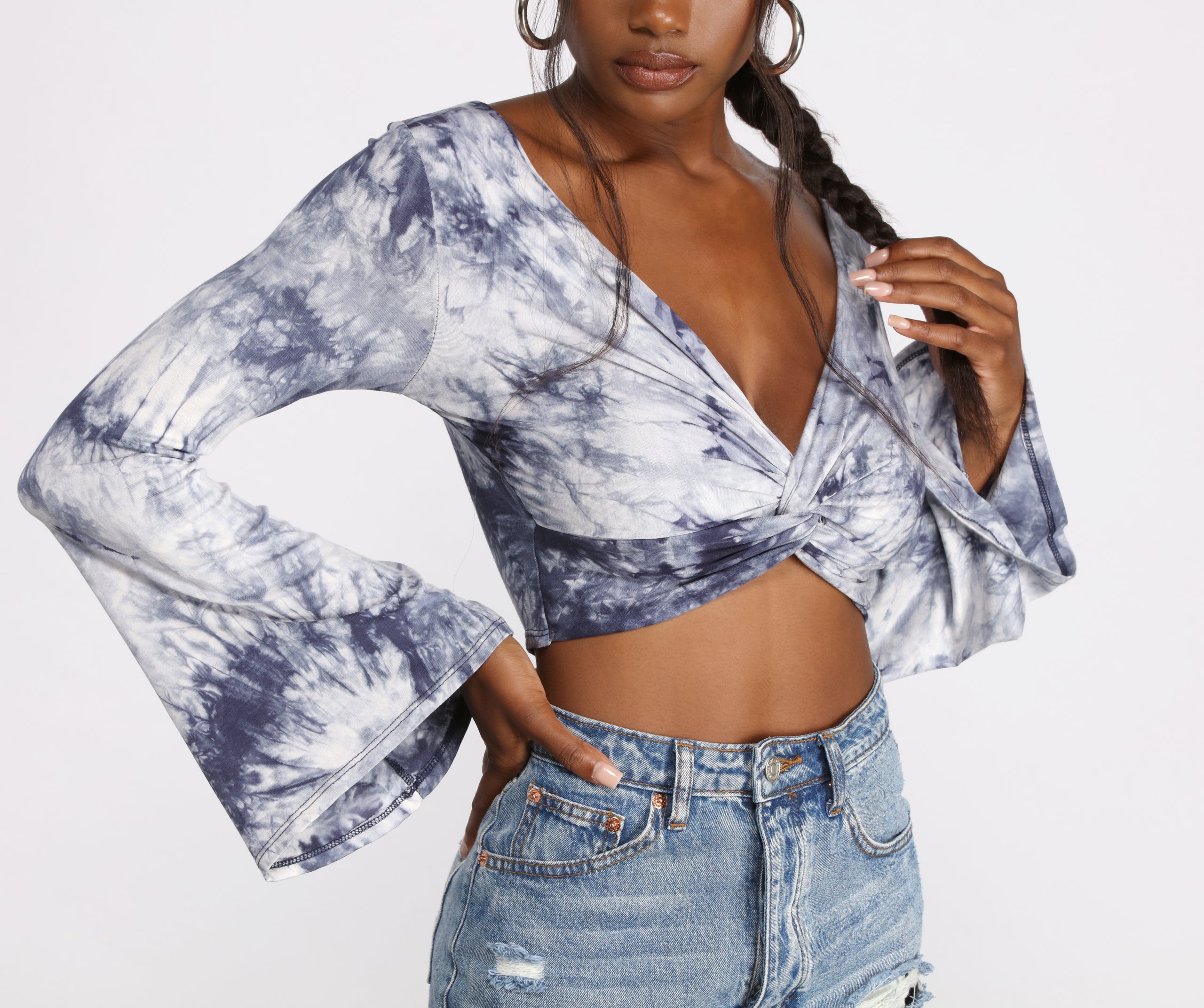 Tie Dye Twist Front Bell Sleeve Crop Top