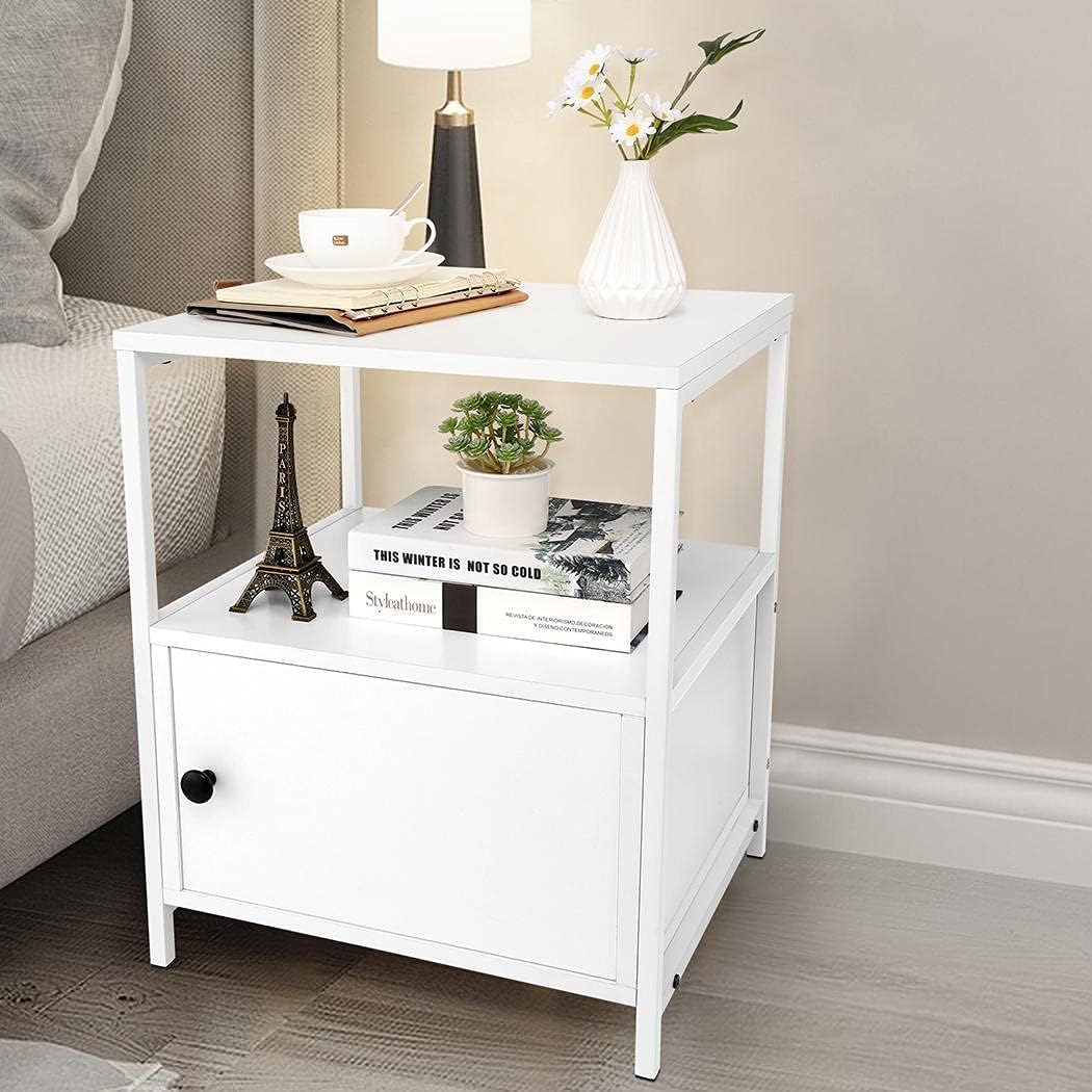 White Nightstands Set of 2, Industrial End Side Table with Storage Space and Door, Modern Night Stand Wood Bedside Table for Living Room, Bedroom, Lounge, Hall, Easy Assembly