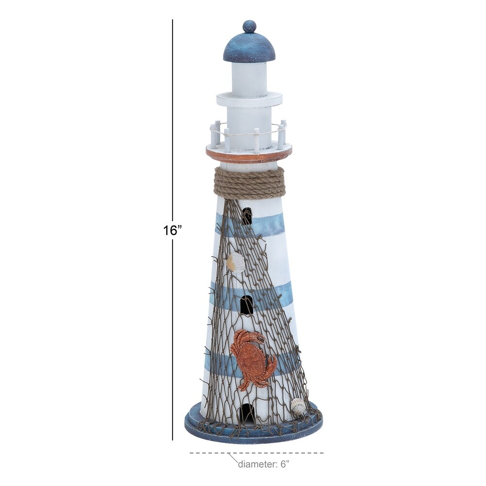 White Wood Light House Sculpture with Netting   7 x 7 x 16