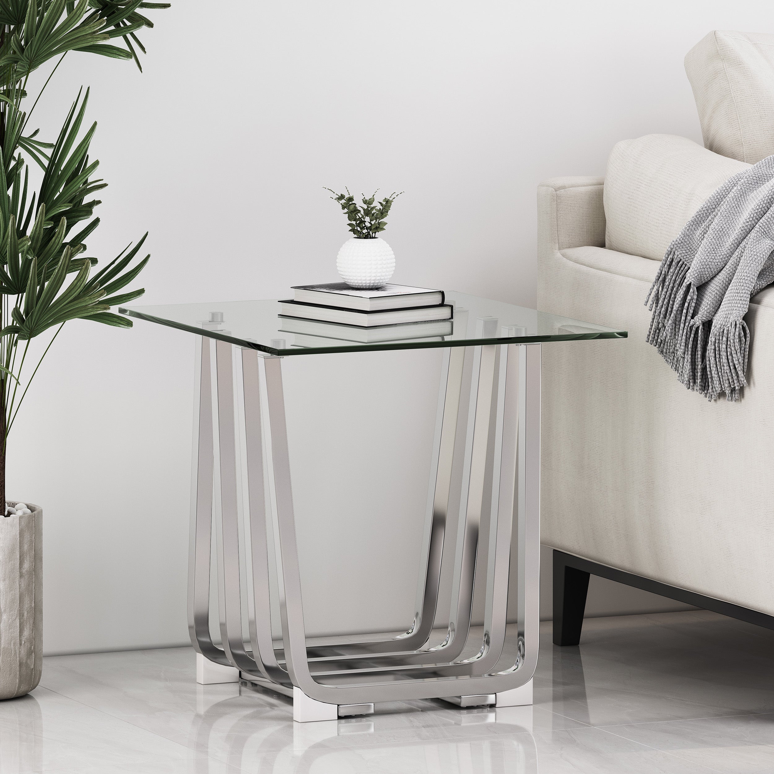 Coalton Modern Glass Top Side Table, Chrome