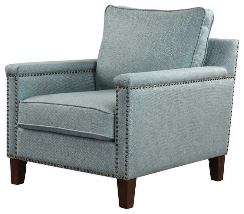 Uttermost Charlotta Coastal Wood and Fabric Accent Chair in Blue/Brass/Walnut   Transitional   Armchairs And Accent Chairs   by Buildcom  Houzz