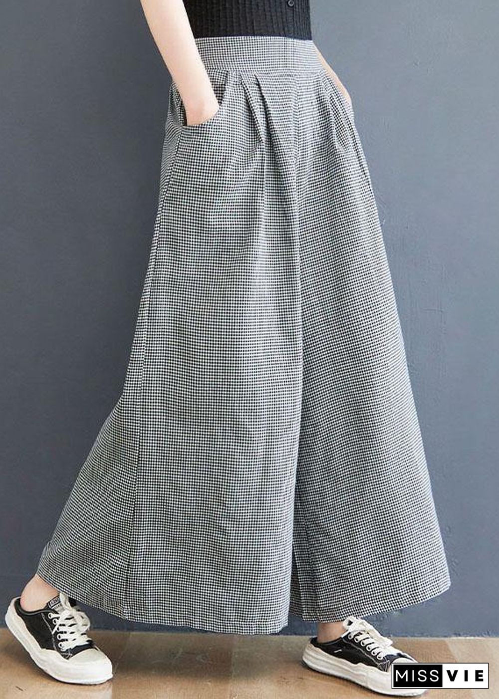 Boutique Small grid pockets Wide Leg Summer Cotton Linen Pants