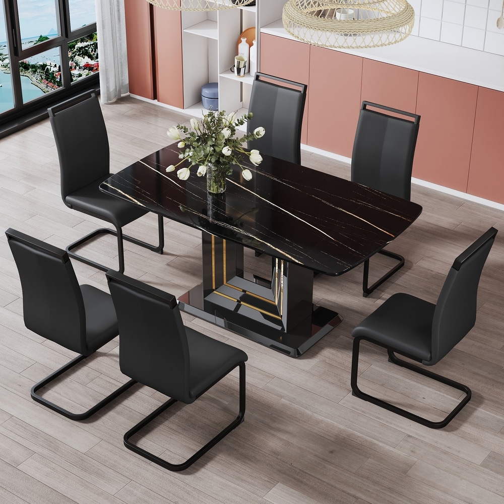 7 Piece Breakfast Nook Dining Set with Rectangular Marble Dining Table and PU Leather Dining Chairs for Dining Room  Black