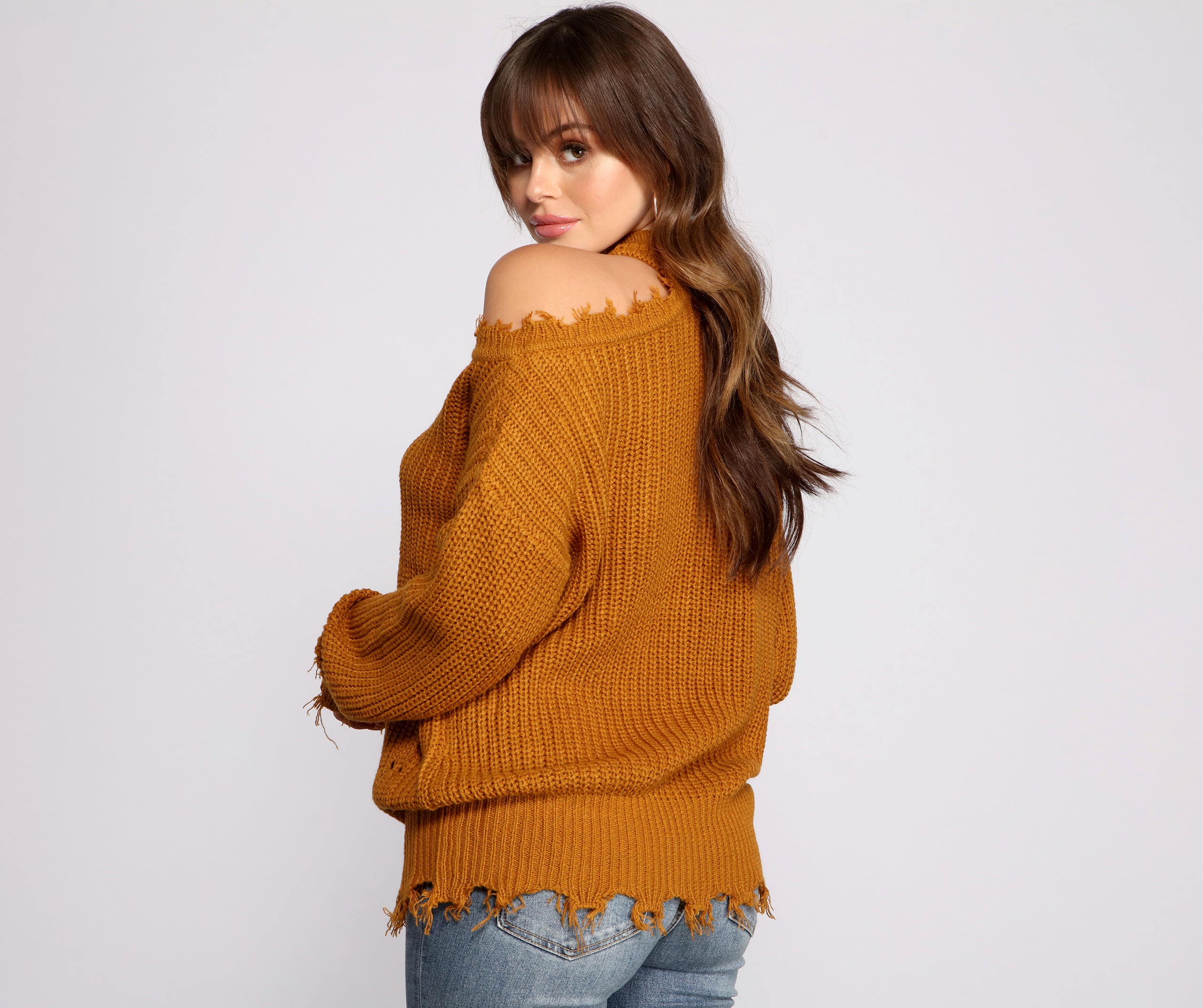 Distressed Cold Shoulder Crew Neck Sweater