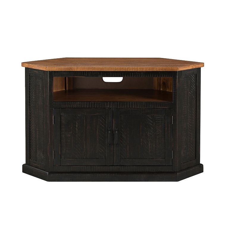 Rustic Style Wooden Corner TV Stand with 2 Door Cabinet， Brown