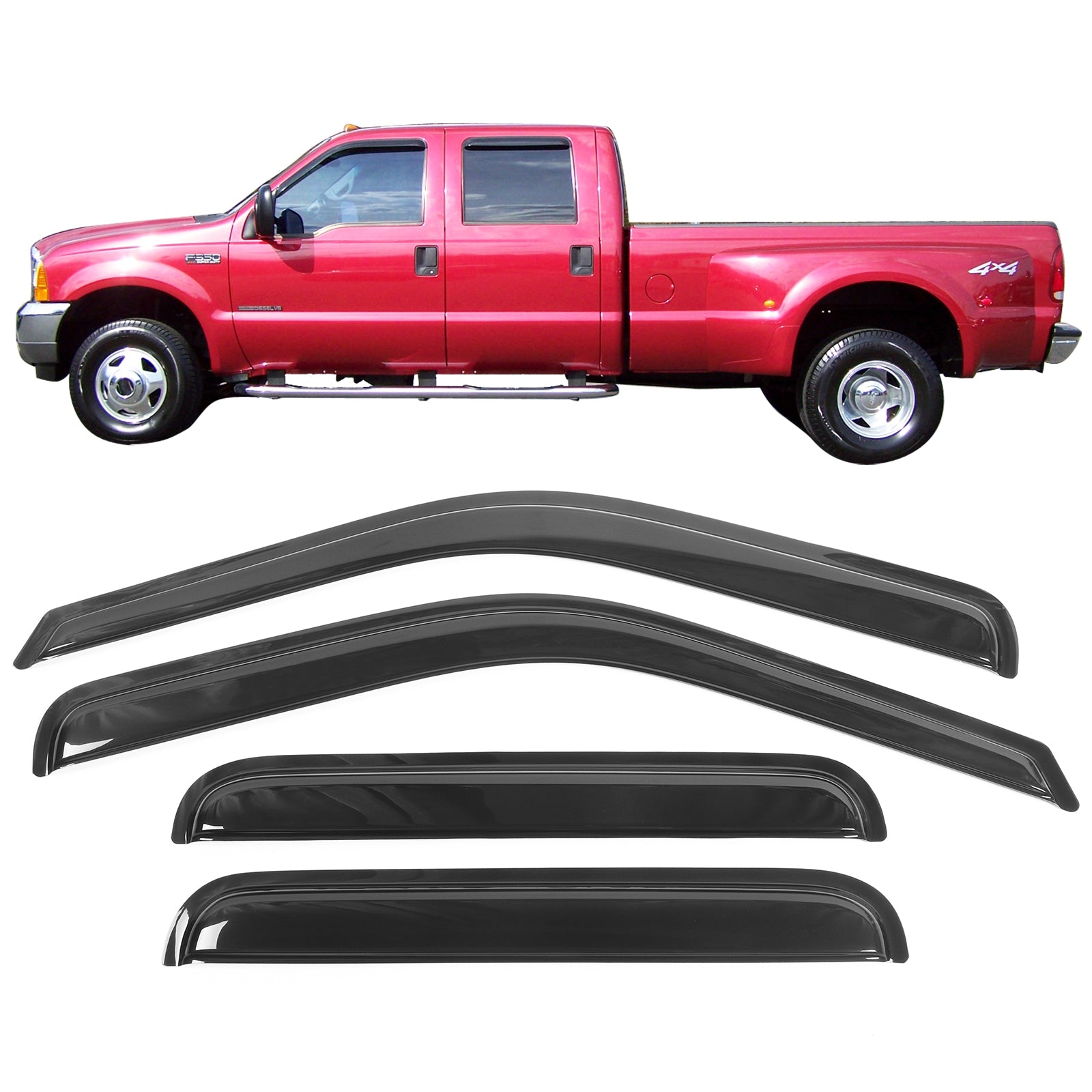 Ikon Motorsports Window Visor Deflector Fits 99-16 Ford F250 F350 F450 F550 Super Duty Crew Cab Acrylic Set Outside Mount