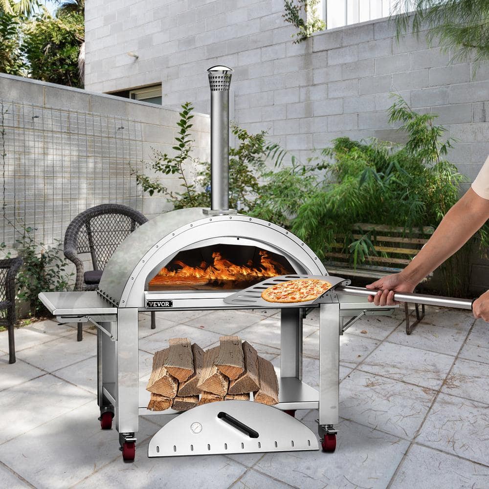 VEVOR 44 in. Wood Fired Artisan Pizza Oven Outdoor Pizza Oven 3-Layer Stainless Steel Pizza Maker with Wheels HWPSKXTJY44INAY7CV0