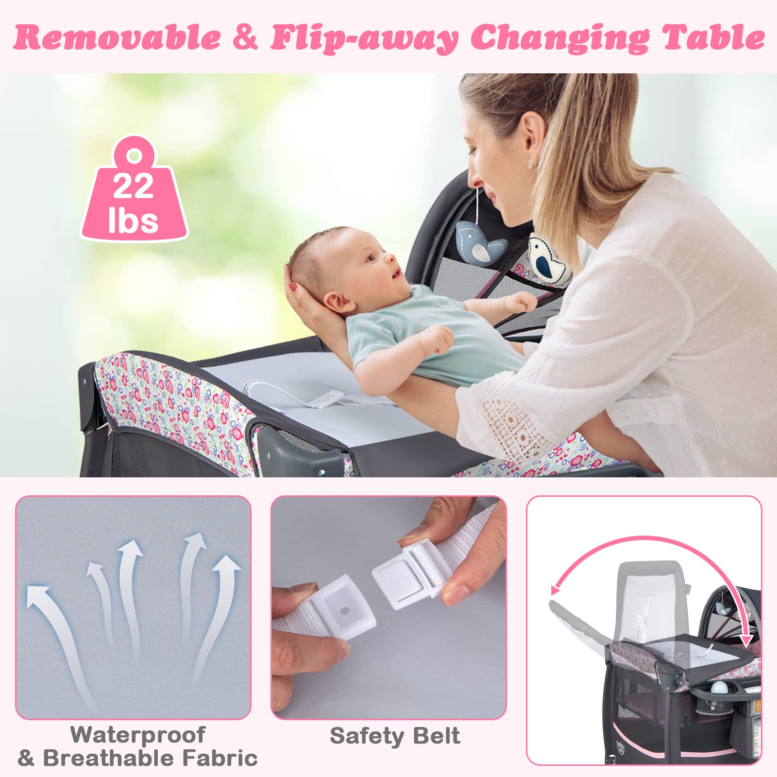 Costzon 4 in 1 Pack and Play, Portable Baby Playard with Bassinet & Flip-Away Changing Table