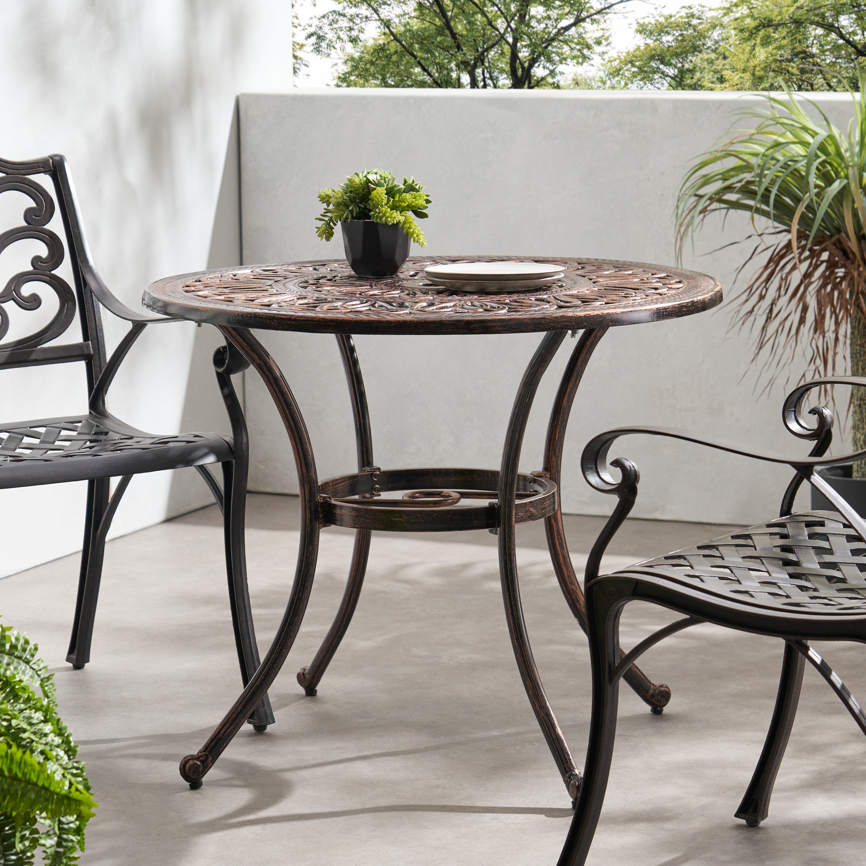 Jamie Outdoor Round Cast Aluminum Dining Table, Shiny Copper