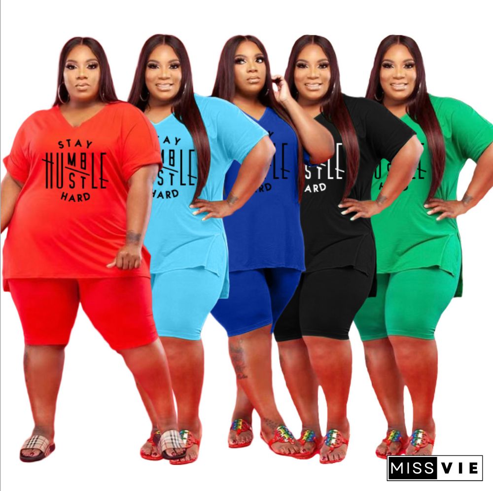 Plus Size Women Short Sleeve V Neck T-Shirt Knee Length Shorts Summer Clothes Two Piece Matching Set