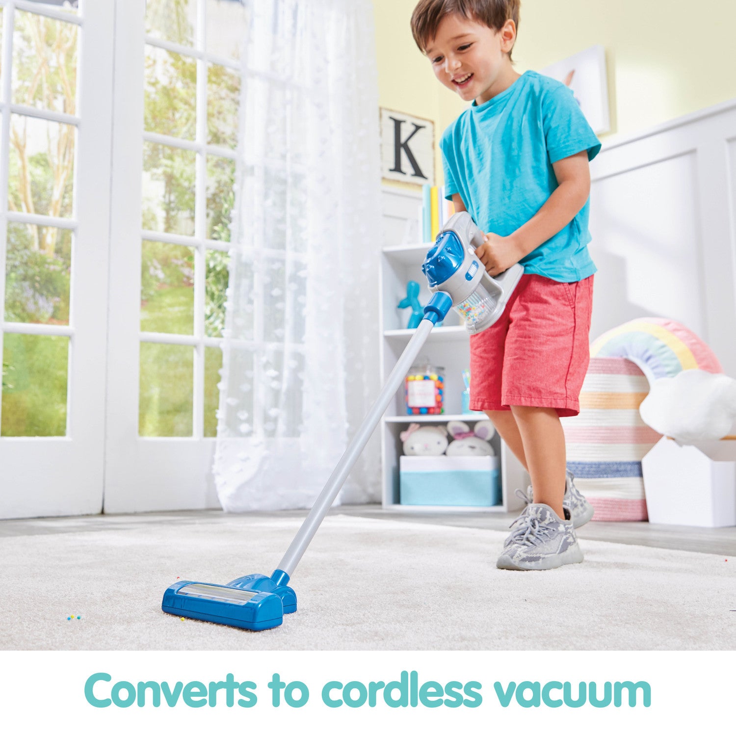 Kidoozie Tidy Vaccuum Duo， 2-in-1 Stick and Handheld toy Vacuum Cleaner for Pretend Play; Children ages 3+