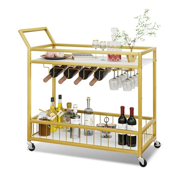 2-Tier Wood Bar Serving Carts with Wine Rack and Glass Holder Steel Frame on Wheels