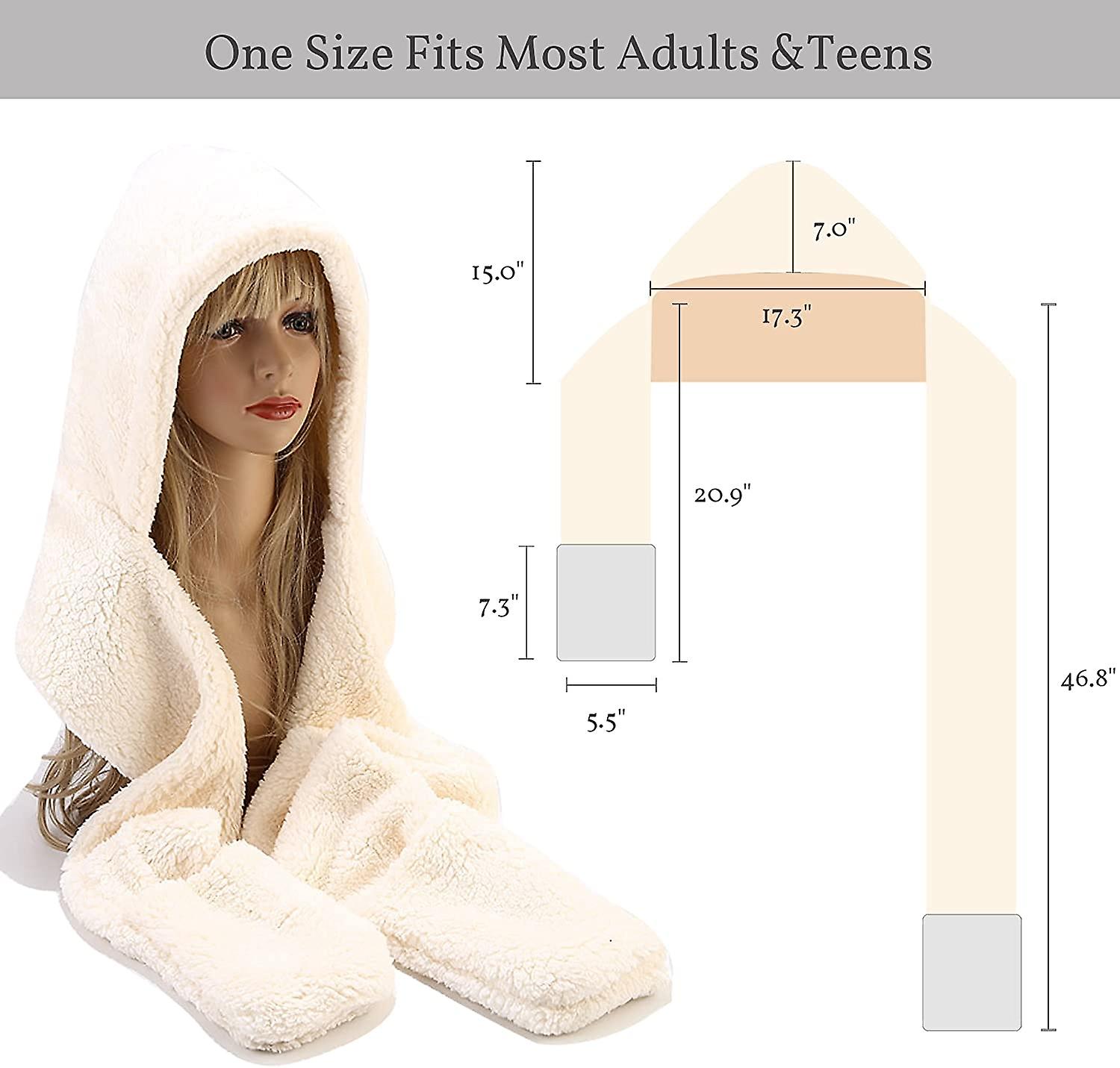 Winter Faux Fur Hood Hat Scarf And Gloves 3 In 1 Hooded Scarf For Women Men Beige White -