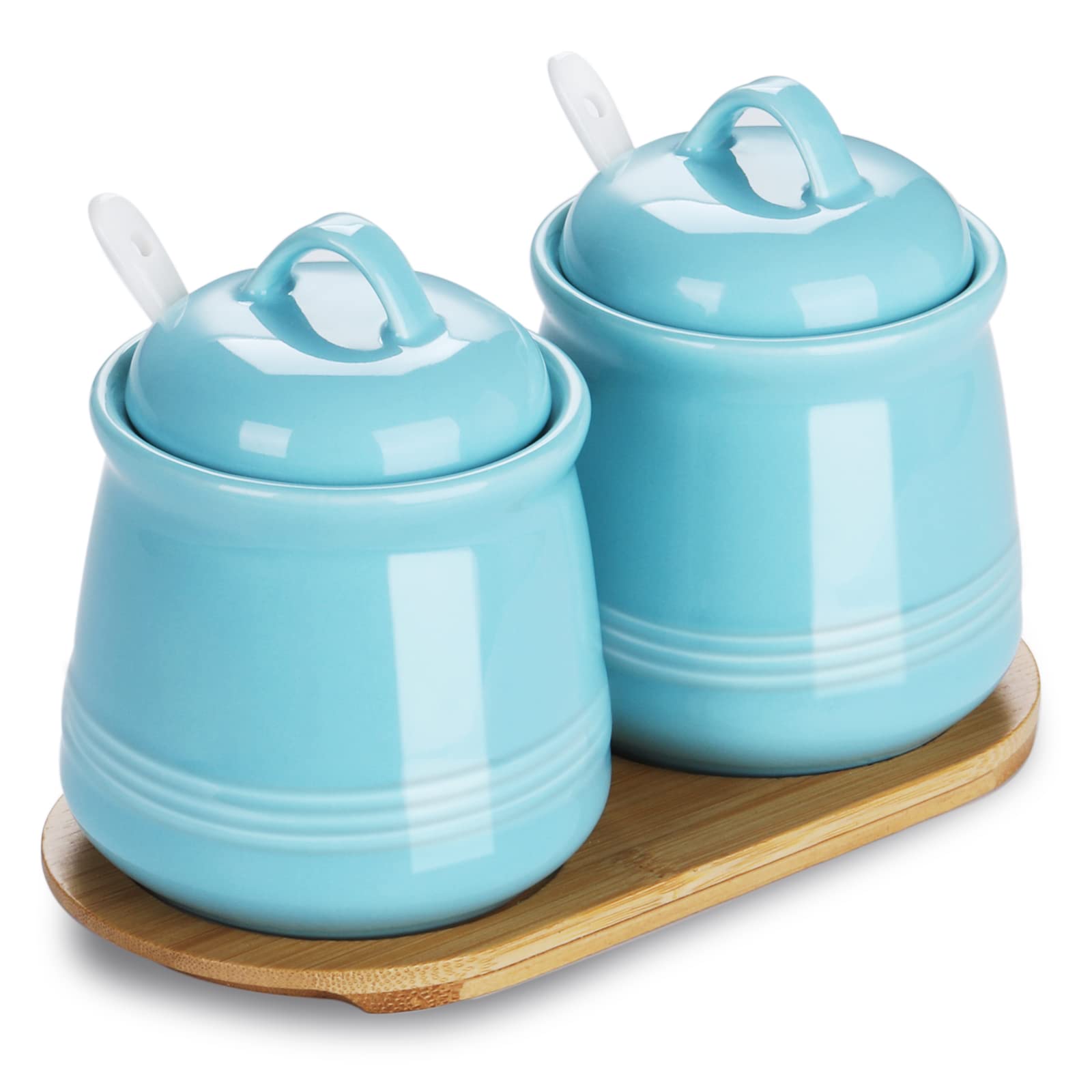 HAOTOP Ceramic Sugar Bowl 2 Pack ， PorcelainJar with Tray， Spoon and Lid for Sugar， Pepper， Coffee， Spice， Salt 12 Ounces，Blue