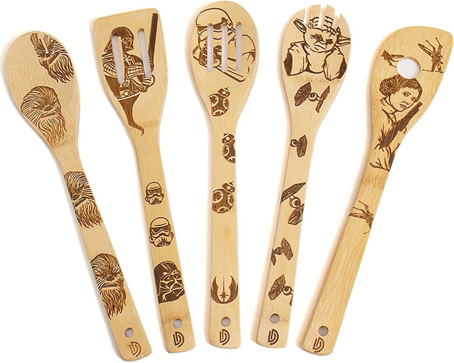 Star Wars, Burned Wooden Spoons for Cooking, Utensil Set Friends Gifts Idea for Women and Men, 5 Piece Cooking Serving Utensils Natural Kitchen House Warming Presents Slotted Spoon