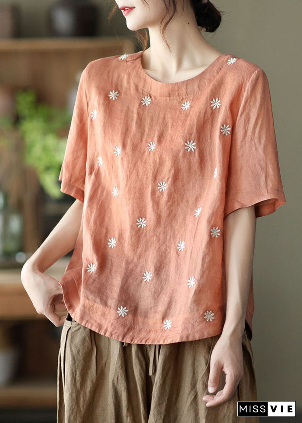 Orange Floral Embroideried Linen Blouses top Short Sleeve