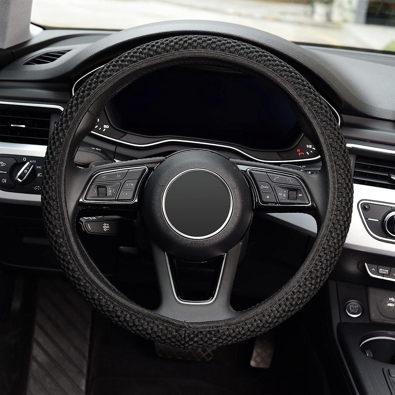 Elastic Stretch Steering Wheel Cover，warm In Winter And Cool In Summer， Universal 15 Inch， Microfiber Breathable Ice Silk， Anti-slip， Odorless， Black