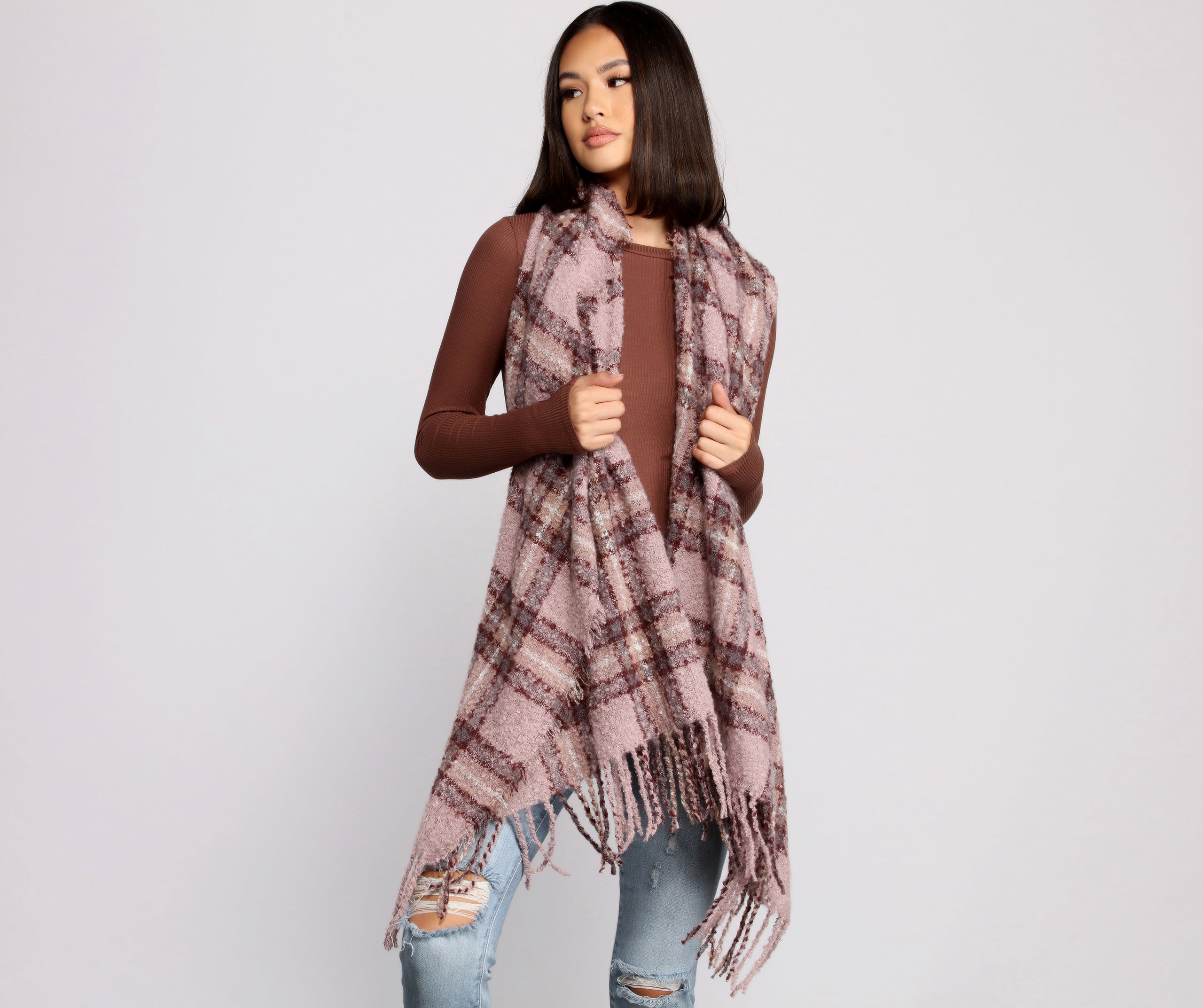 Cozy Knit Frayed Plaid Blanket Scarf