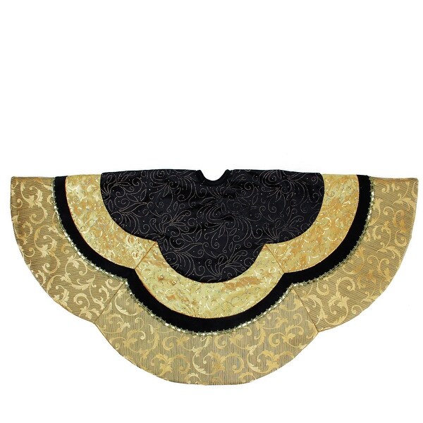 48 Black and Gold Velveteen Floral Scallop Christmas Tree Skirt