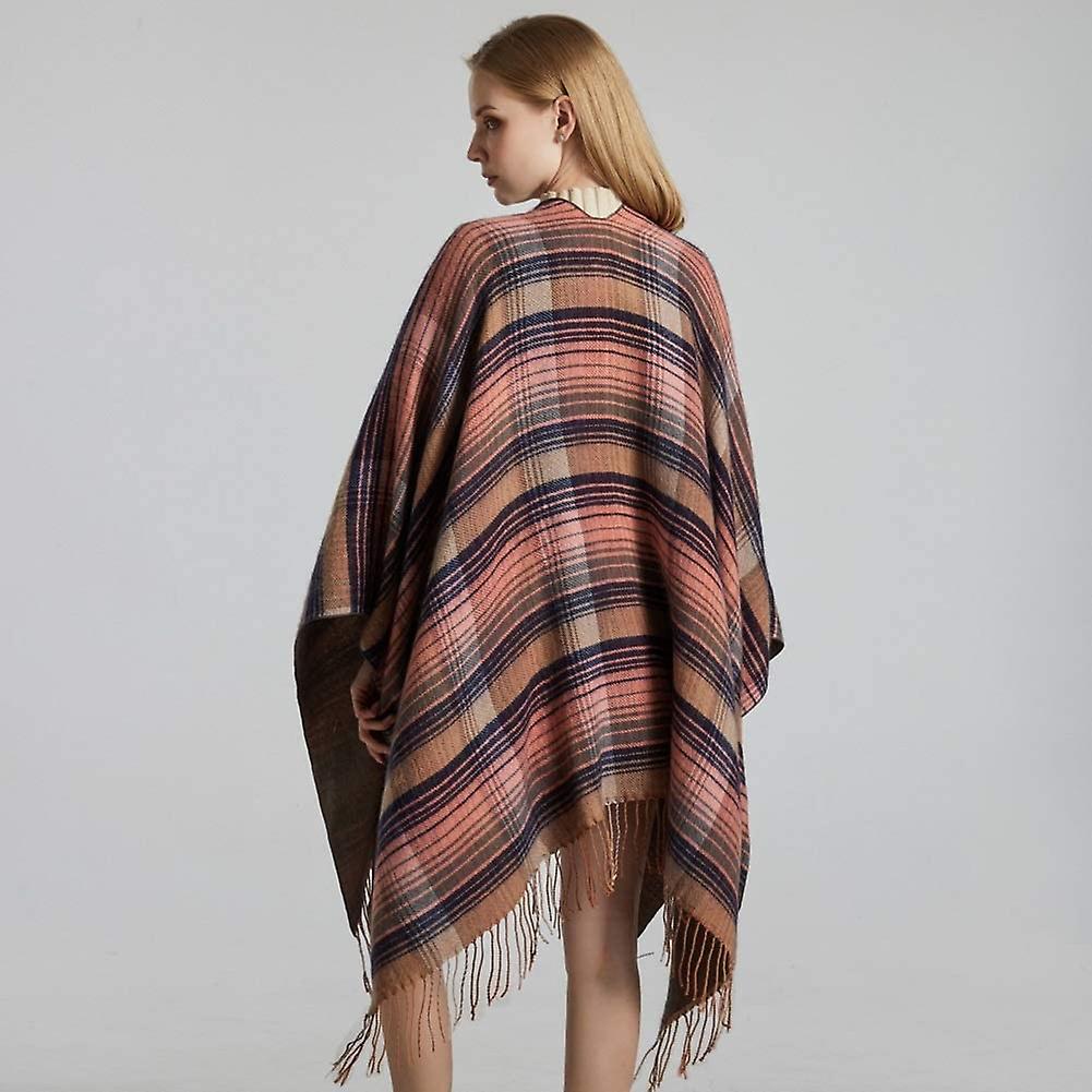 Women's Tassel Plaid Poncho Pashmina Shawl Wrap Cape Sweater Pink Blue -