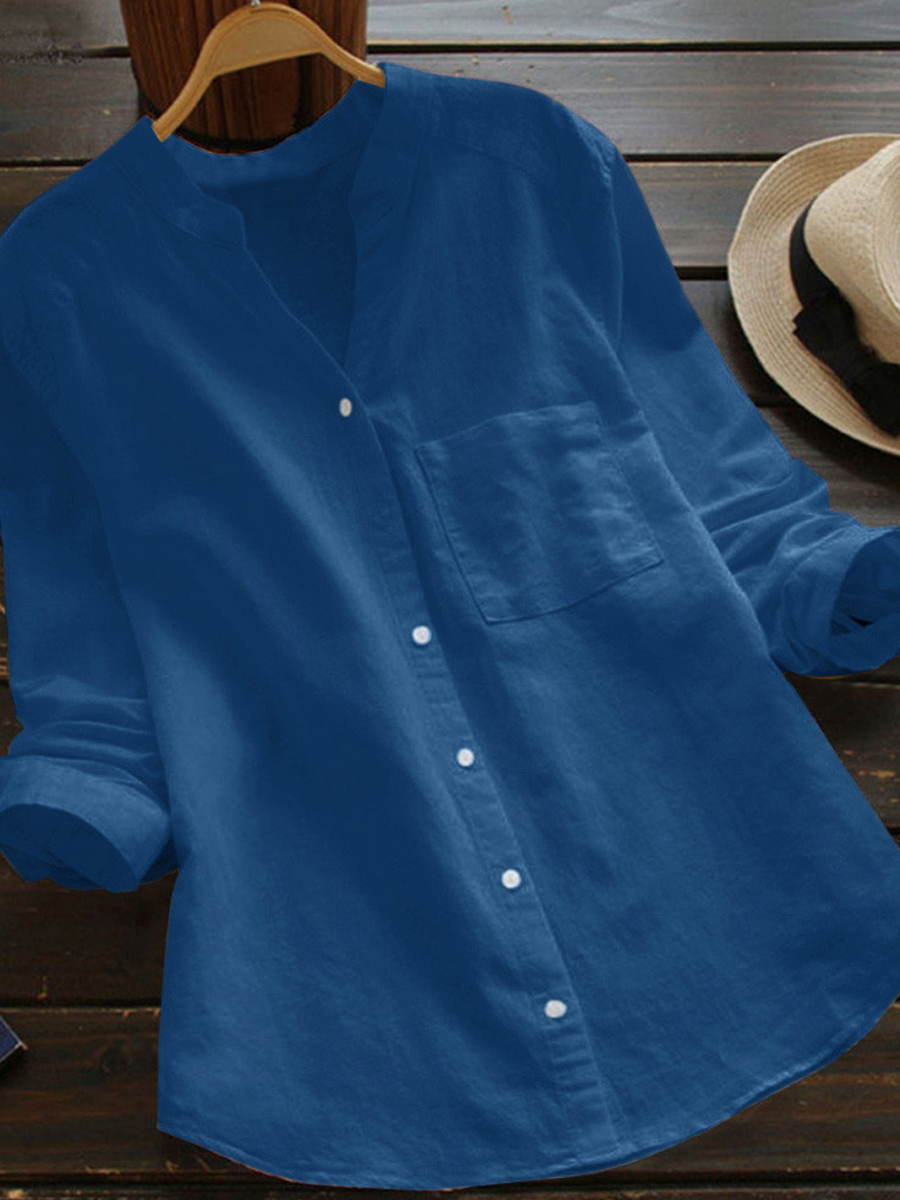 65% Off Autumn Spring V-Neck Linen Plain Shirts & Blouses