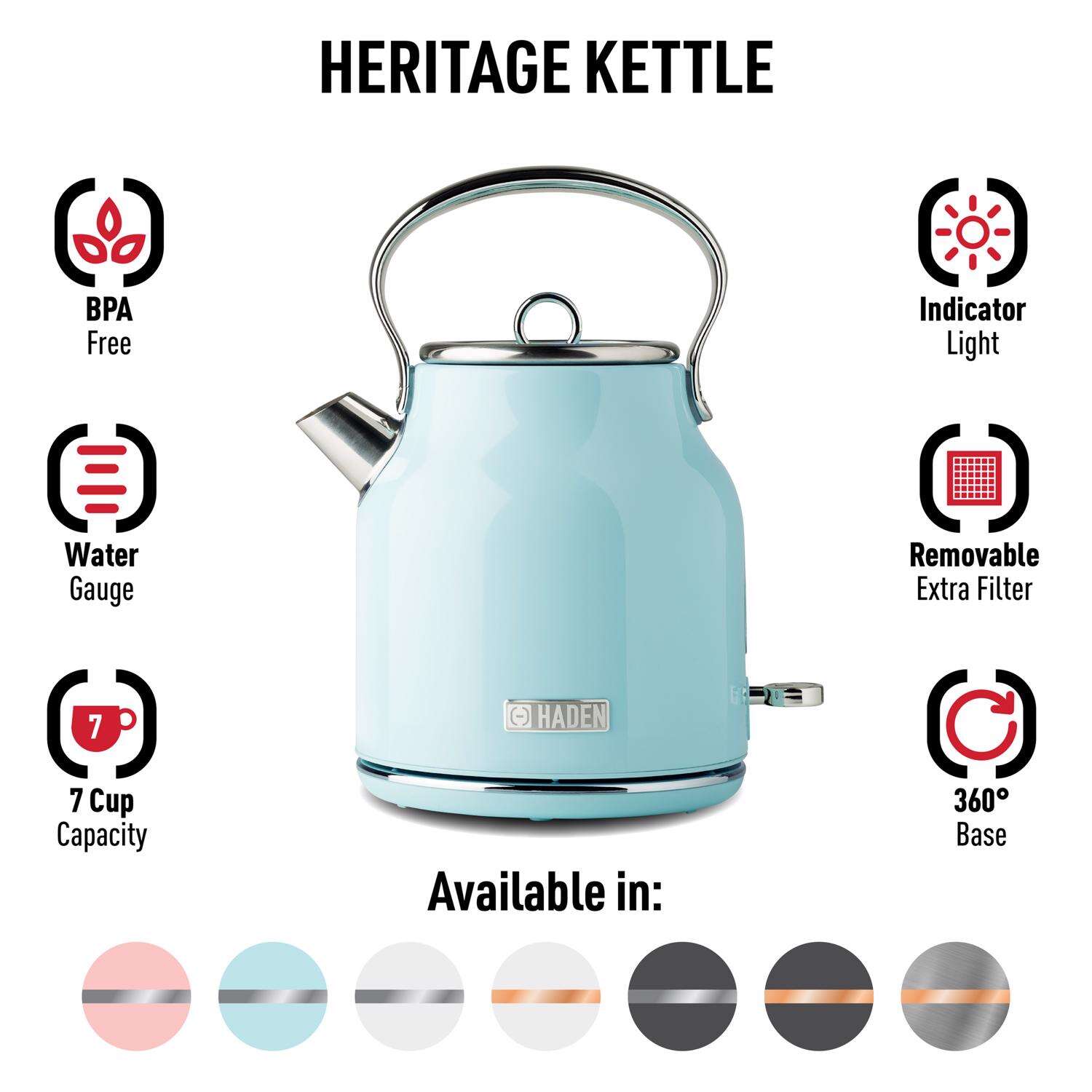 Haden Heritage Turquoise Traditional Stainless Steel 1.7 L Electric Tea Kettle