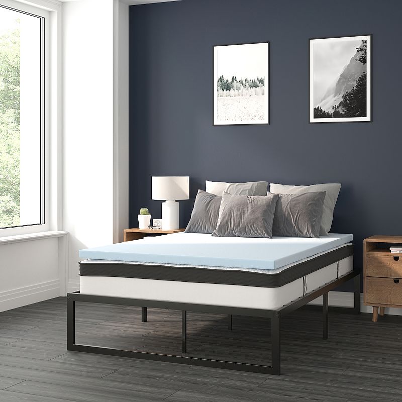 Flash Furniture 14 Metal Platform Bed Frame with 10 Pocket Spring Mattress in a Box and 2 Cool Gel Memory Foam Topper