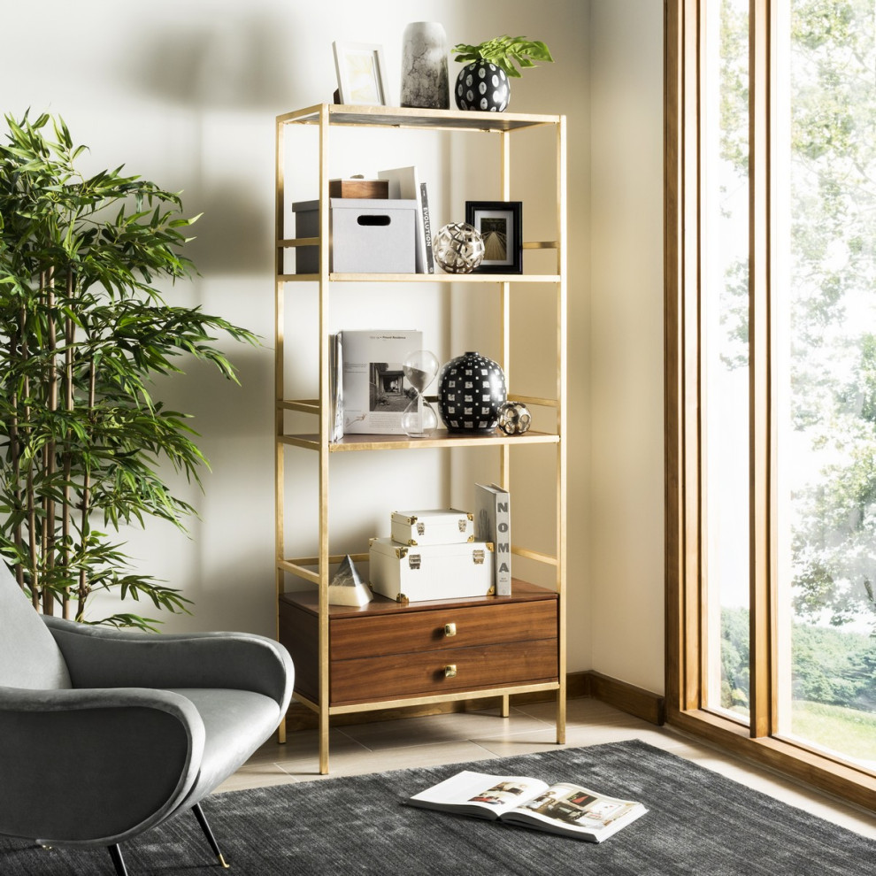 Rosa 4 Tier 1 Drawer Etagere Gold/ Walnut   Modern   Bookcases   by Virgil Stanis Design  Houzz