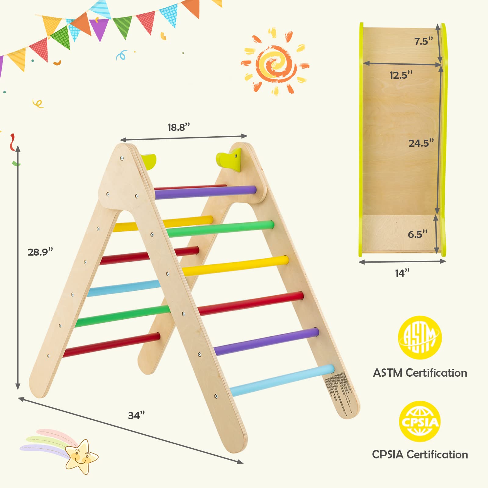 Costzon Wooden Climbing Toys for Toddlers, 2 in 1 Montessori Triangle Climber with Adjustable Angle Ramp for Slide