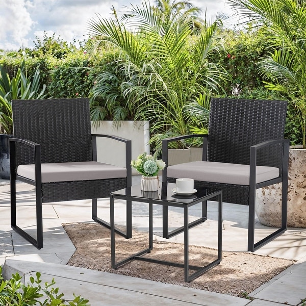 3 Piece Patio Bistro Set Outdoor Furniture Set with Glass Table，Rattan Conversation Sets for Porch Garden Balcony