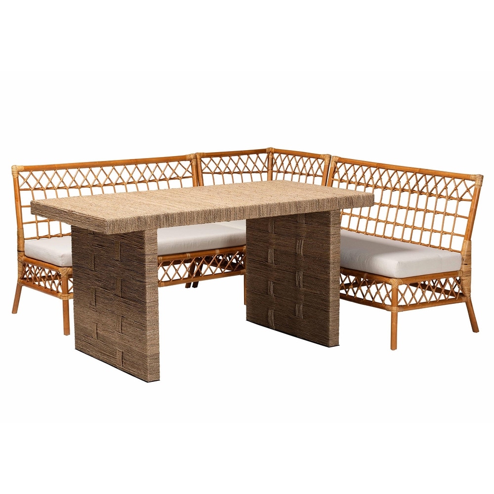 Abella Modern Bohemian Honey Rattan 4 Piece Dining Nook Set