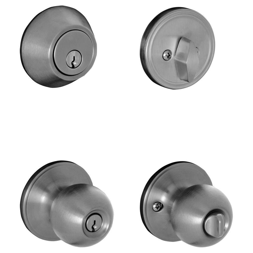 ESSENTIALS by Schlage Morrow Satin Stainless Steel Single Cylinder Deadbolt and Keyed Entry Door Knob Combo Pack VC60 V MOW 630