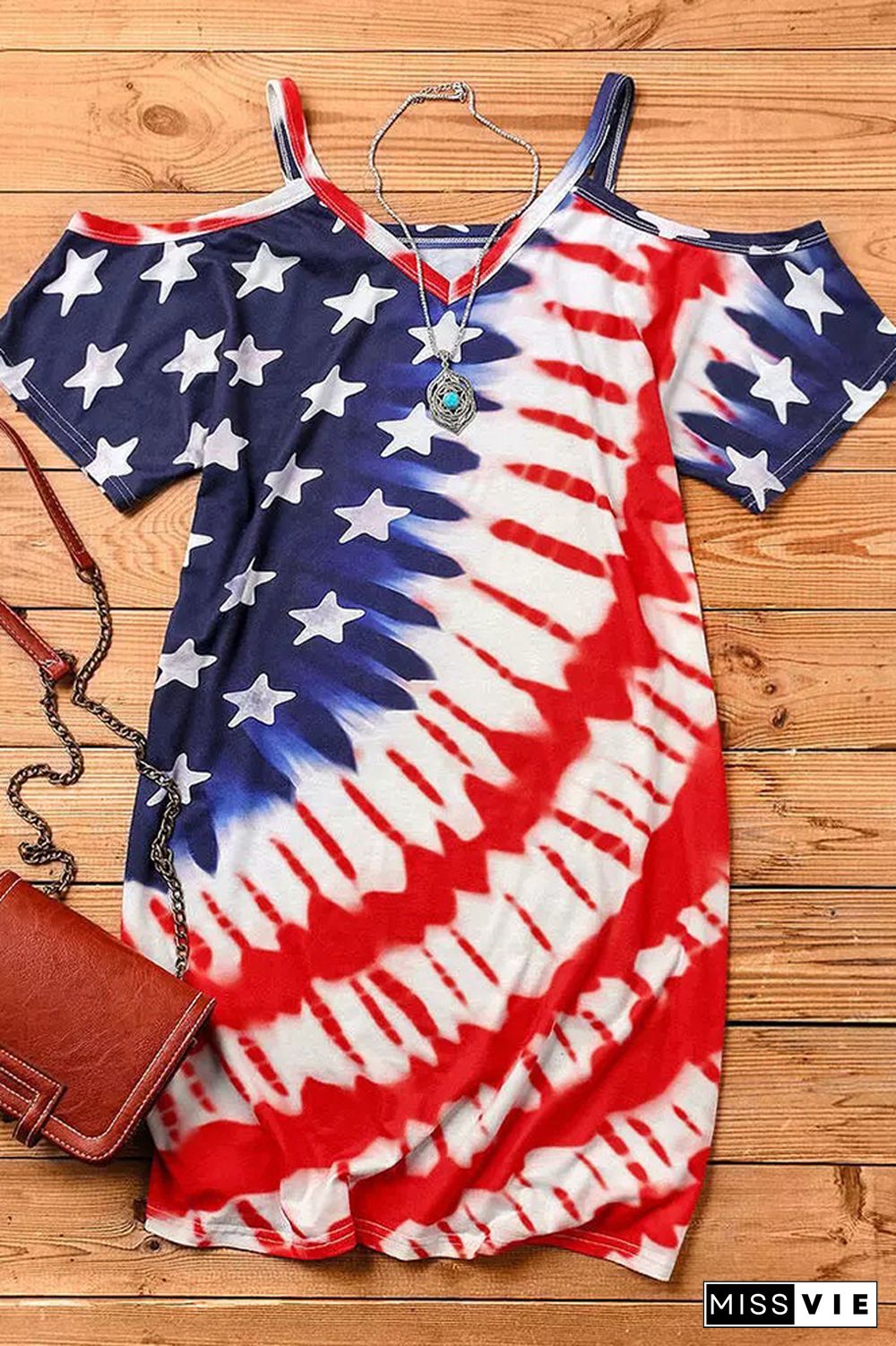 Independence Day Print Short Sleeves Dress Wholesale