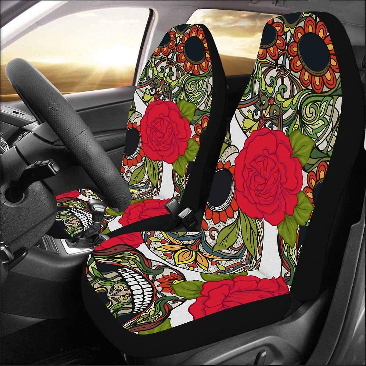 Set Of 2 Car Seat Covers Sugar Skull Red Roses Universal Auto Front Seats Protector Fits For Car，suv Sedan，truck