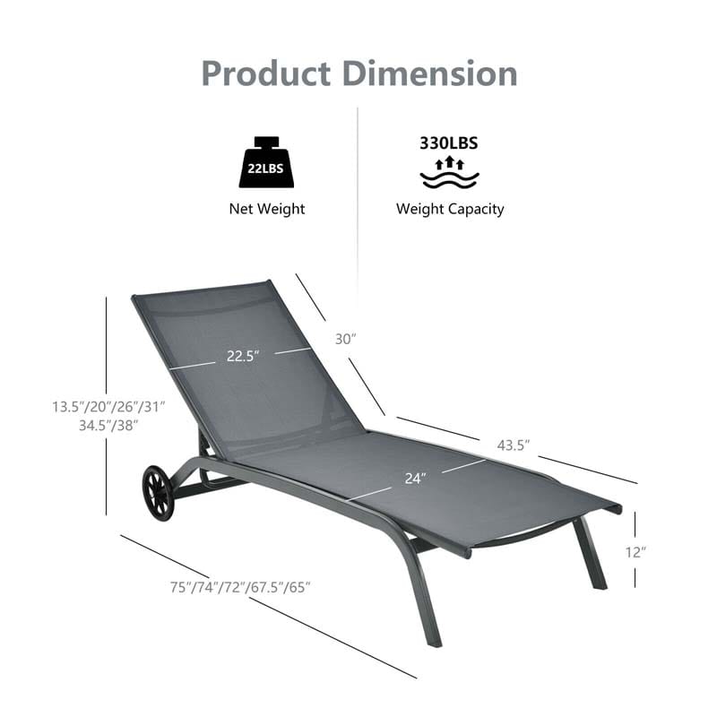 Quick-Drying Outdoor Chaise Lounge Chair with Wheels, 6-Position Patio Beach Pool Lounge Chair Lawn Sun Lounger