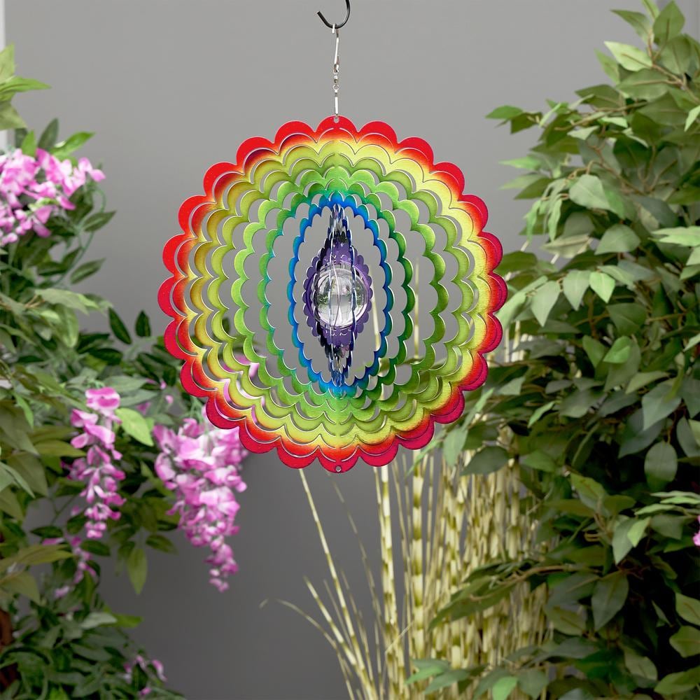 Alpine Corporation 12 in. Round Outdoor Hanging Rainbow Flower Metal Planet Wind Spinner with Clear Glass Ball IFF234