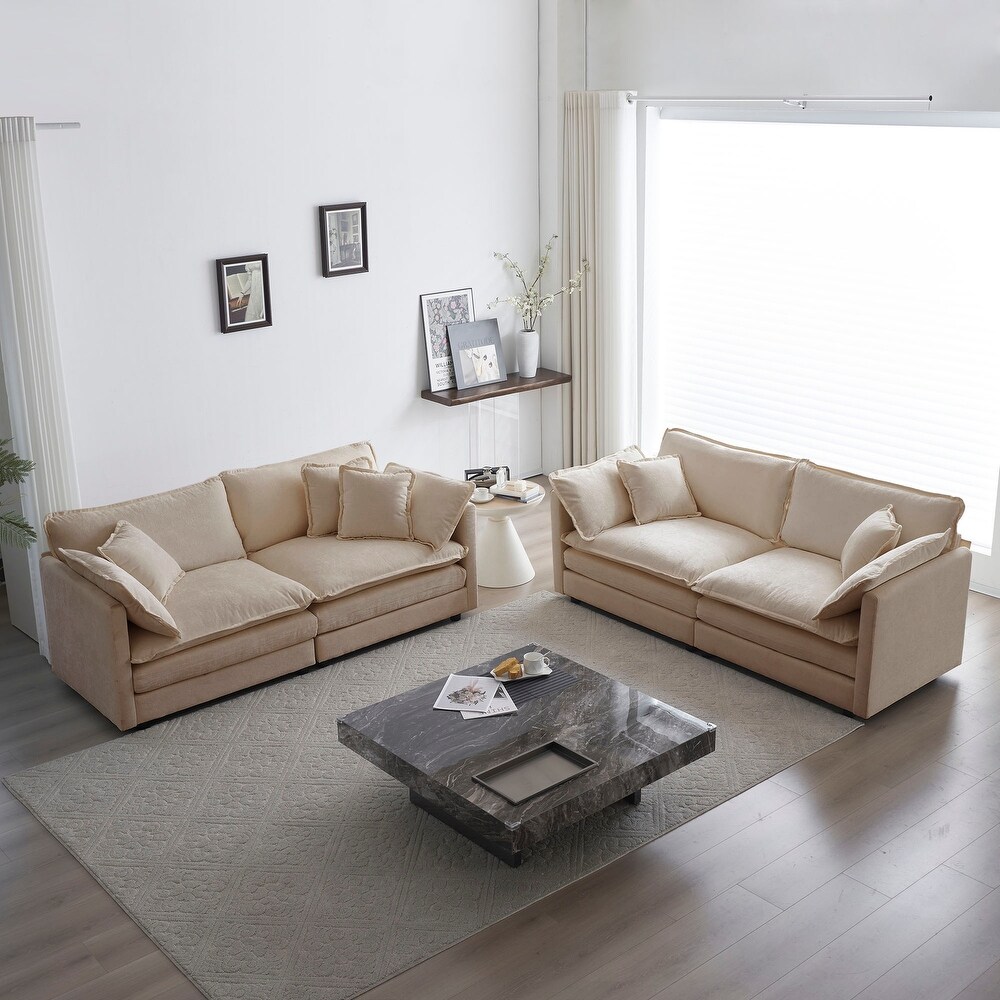 Flexible Combination Upholstered Sectional Sofa Set Breathable Chenille Cushions with Toss Pillows for Livingroom  Beige