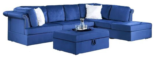 Valenca 3 Piece Sectional With Storage Ottoman Upholstered  Blue Velvet   Contemporary   Sectional Sofas   by Hollywood Decor  Houzz