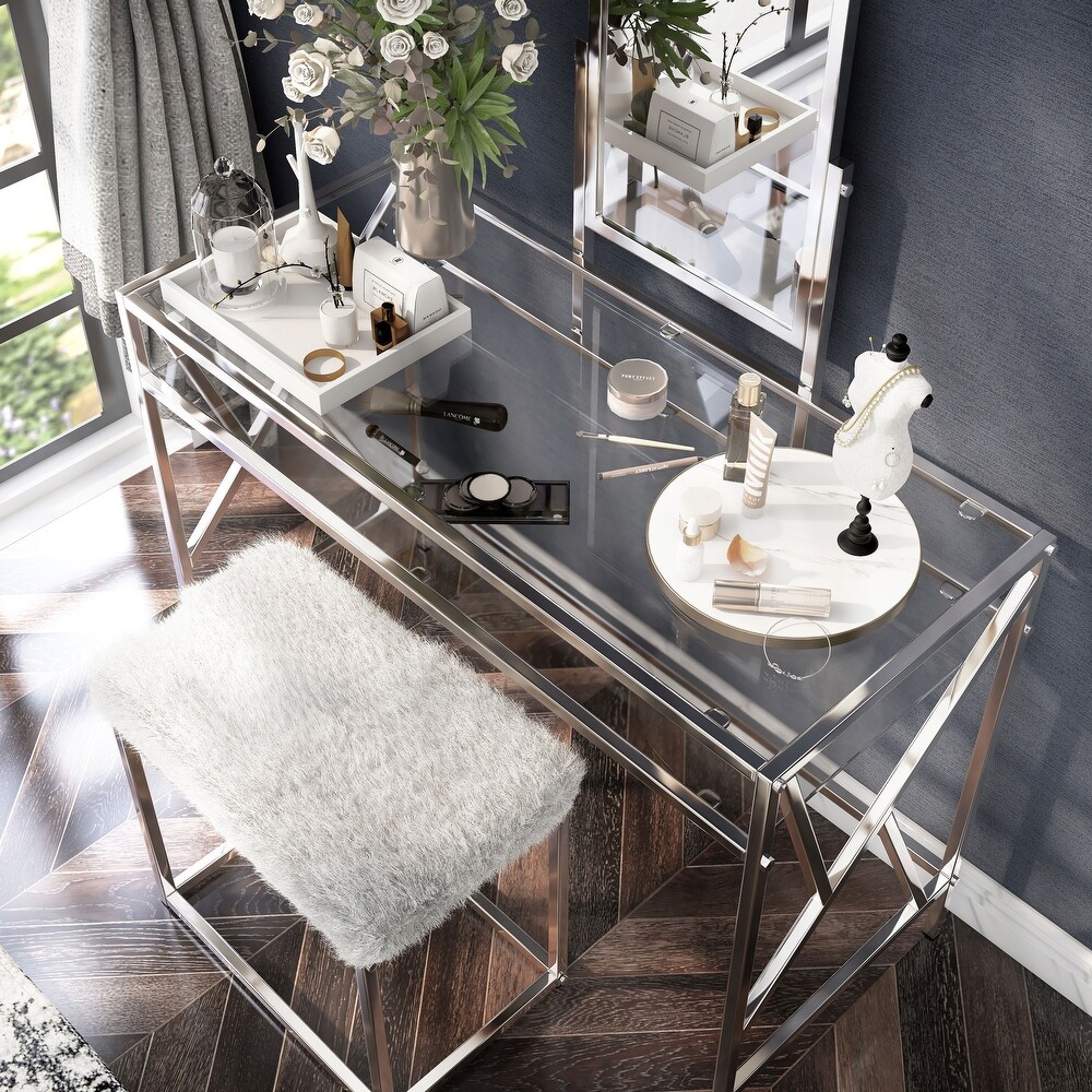 DH LUX Glam Glass Vanity Table and Stool Set by Denhour