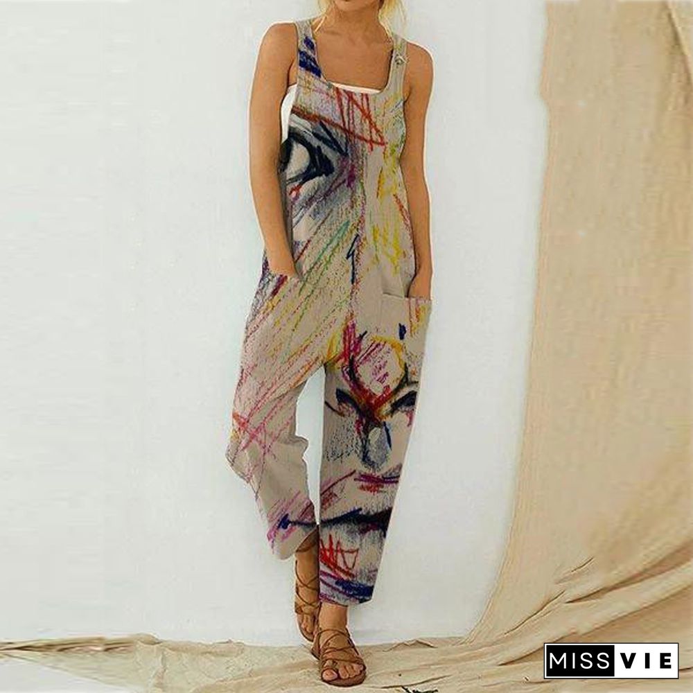 Women Fashion Sleeveless Straps Wide Leg Pants Sexy Printed Rompers Summer Jumpsuits Casual Long Overalls Vintage Suspenders