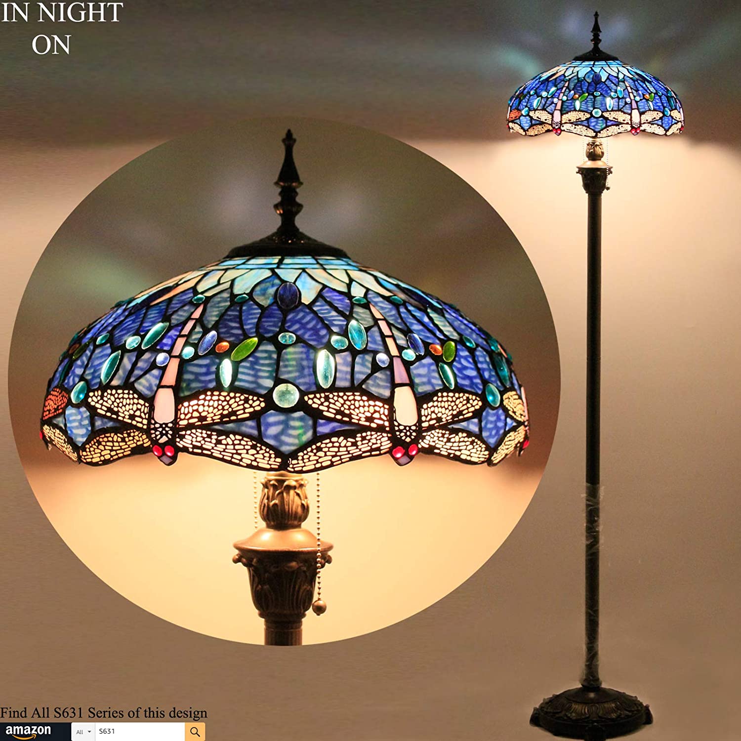 BBNBDMZ Tiffany Floor Lamp Dragonfly Blue Cloud Stained Glass Standing Reading Light 16X16X64 Inches Antique Pole Corner Lamp Decor Bedroom Living Room  Office S631 Series