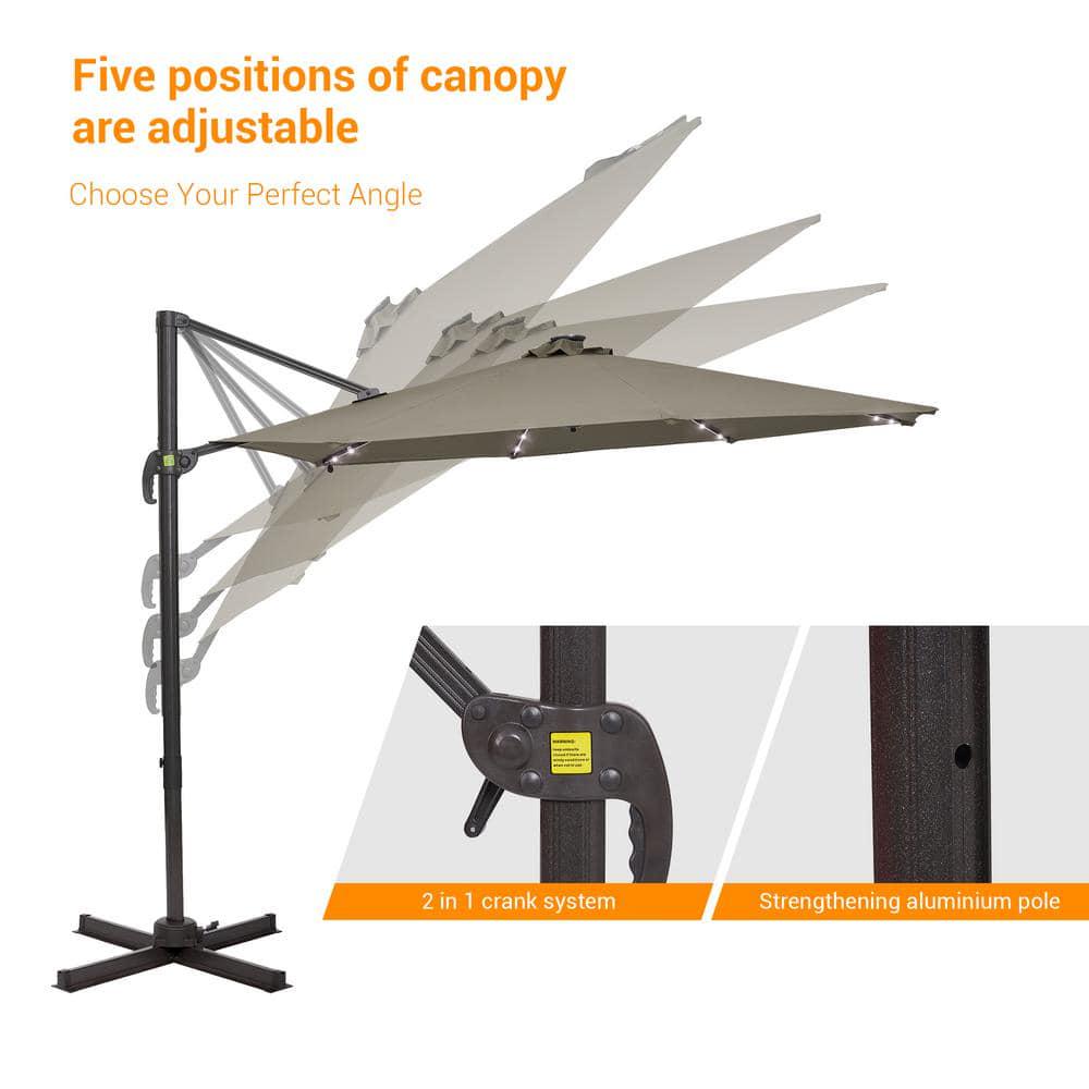 JOYESERY 10 ft Solar LED Cantilever Patio Umbrella with Cross Base Outdoor Offset Hanging 360° in Taupe