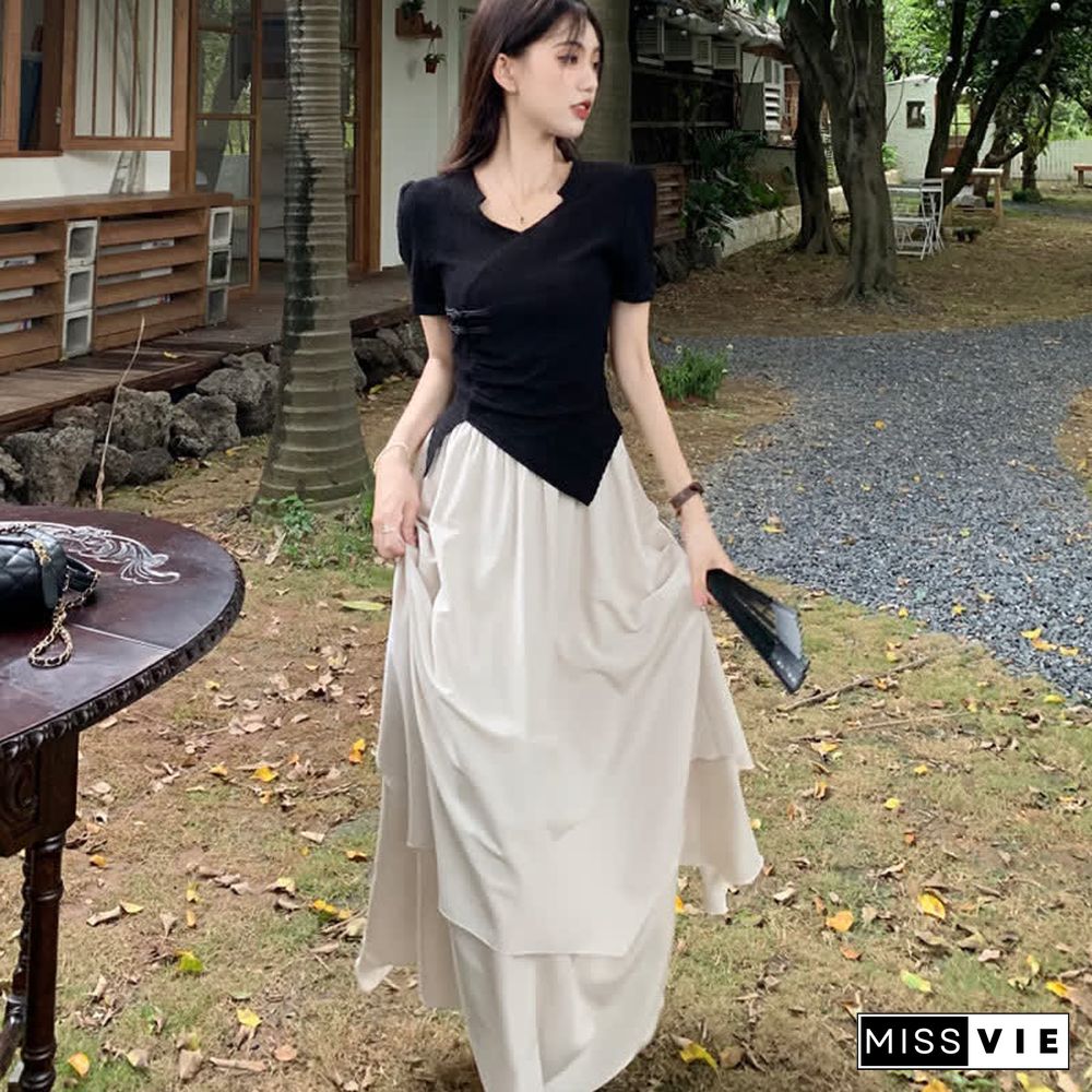 Vintage Buckle Irregular T-Shirt Layered Midi Skirt