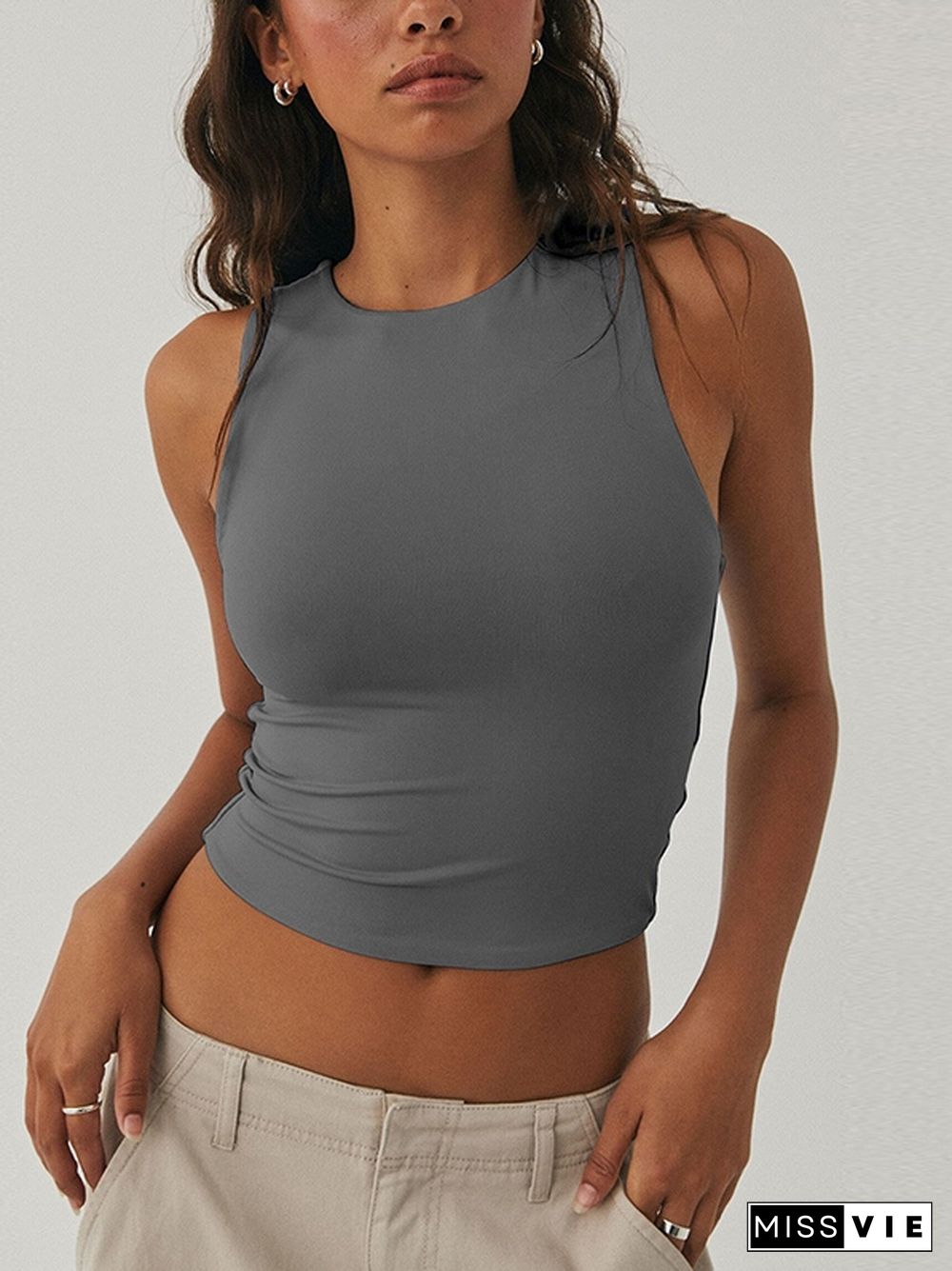 Solid Crew Neck Cropped Tank Top