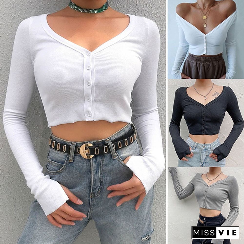 Women Spring Fashion Sexy Slim Knitted V-neck Crop Tops Cardigan Ladies Long Sleeve T-shirt Sweater