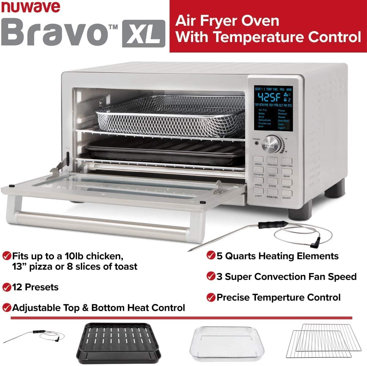 NUWAVE BRAVO XL 30-Quart Convection Oven with Flavor Infusion Technology with Integrated Digital Temperature Probe; 12 Presets; 3 Fan Speeds; 5-Quartz Heating Elements