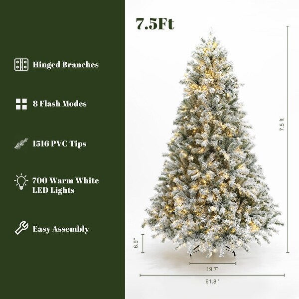 7.5Ft PreLit Hinged Snow Flocked Full Fir Artificial Christmas Tree with 8 Lighting Modes